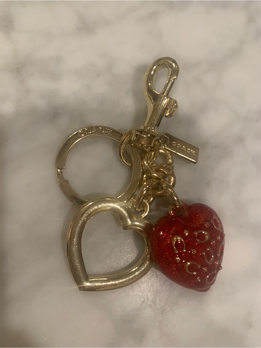 Coach Gold Heart Keychain with Red Glass Heart Charm